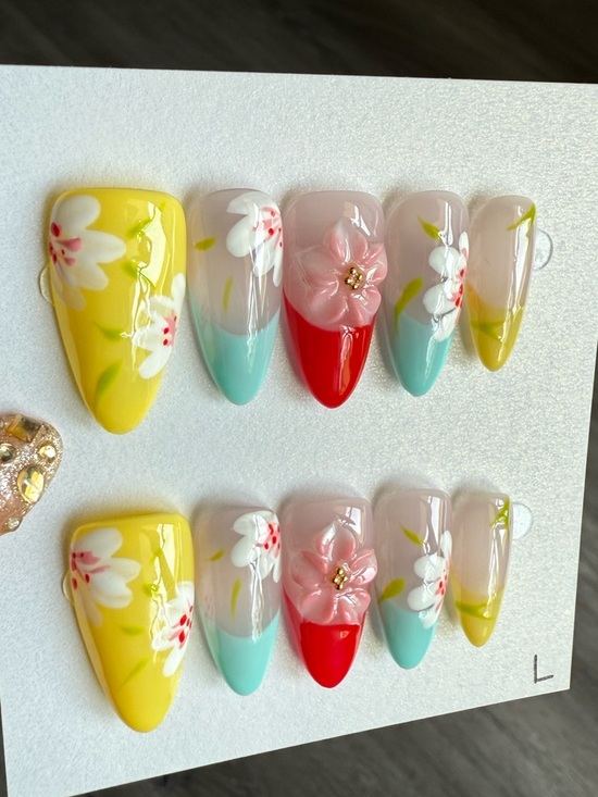 Floral Hand-Painted Press-On Nails - Yellow, Teal, Red, Pink - Picture 2 of 3
